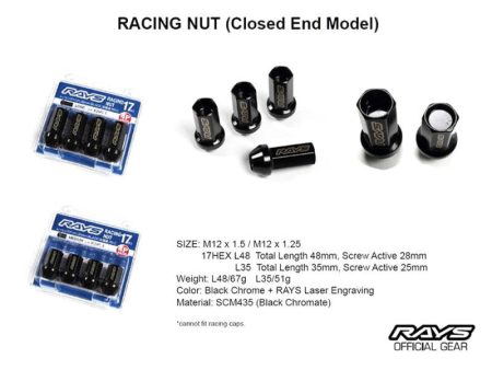 Rays 17HEX Racing Nut 12x1.5 Set L48 (Closed End) (4 PCS) - Black Chromate For Cheap