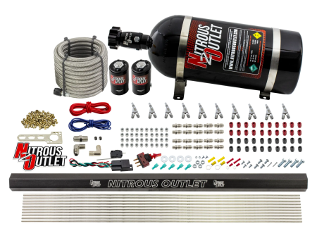 10 Cylinder Wet Direct Port System With Single Injection Rail - E85 (45-55 PSI)  - .122  Nitrous .310  Fuel - Straight Blow Through Aluminum Nozzles Supply